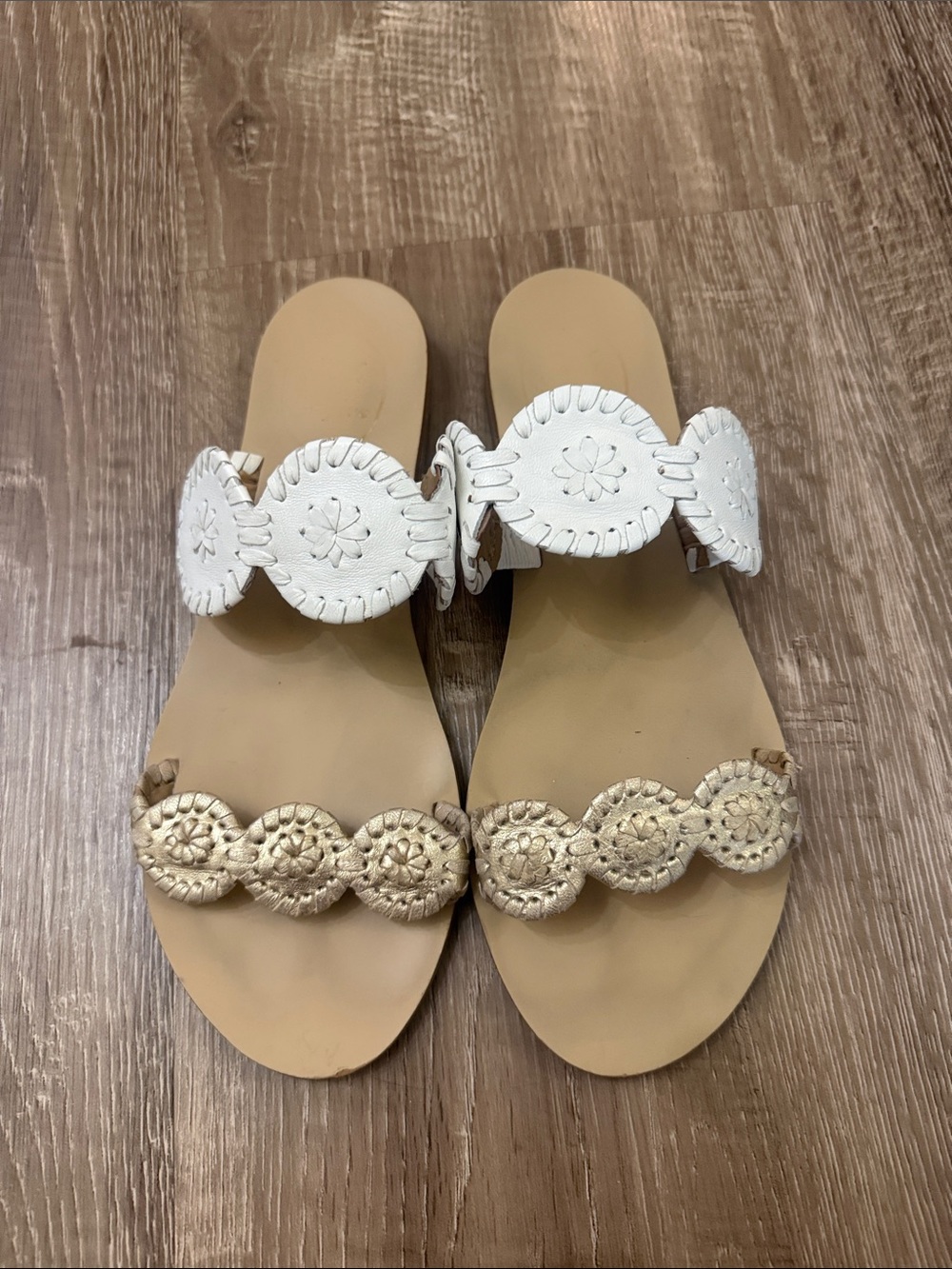 Jack Rogers White and Tan Double-Embellished Slide Sandals